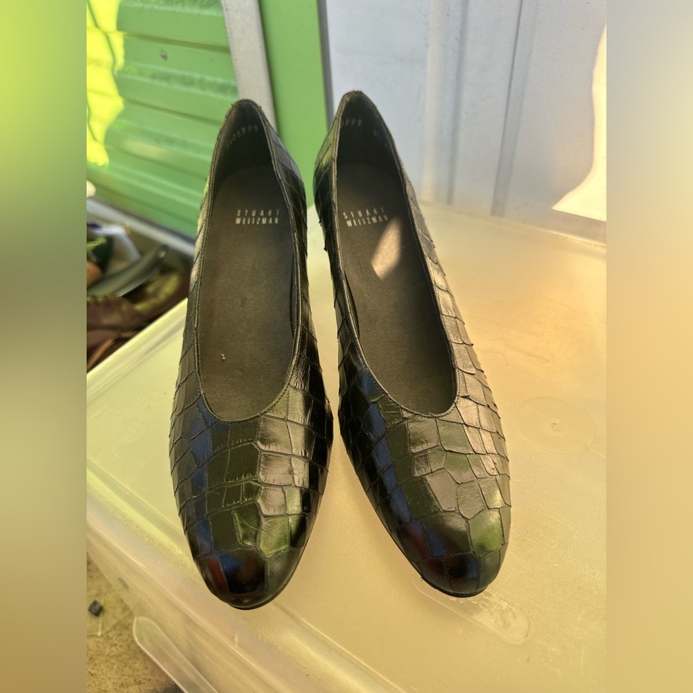 Stuart Weitzman Black Croc-Embossed Leather Heels
